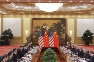 US Secretary of Treasury Scott Bessent leaves his hotel for a meeting on tariffs with Chinese officials in Geneva, Switzerland, on Saturday.