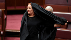 Australia senator suspended after burka stunt in parliament.