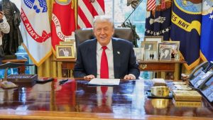 Trump was pictured on Monday apparently with the Swiss gifts on his desk in the Oval Office.