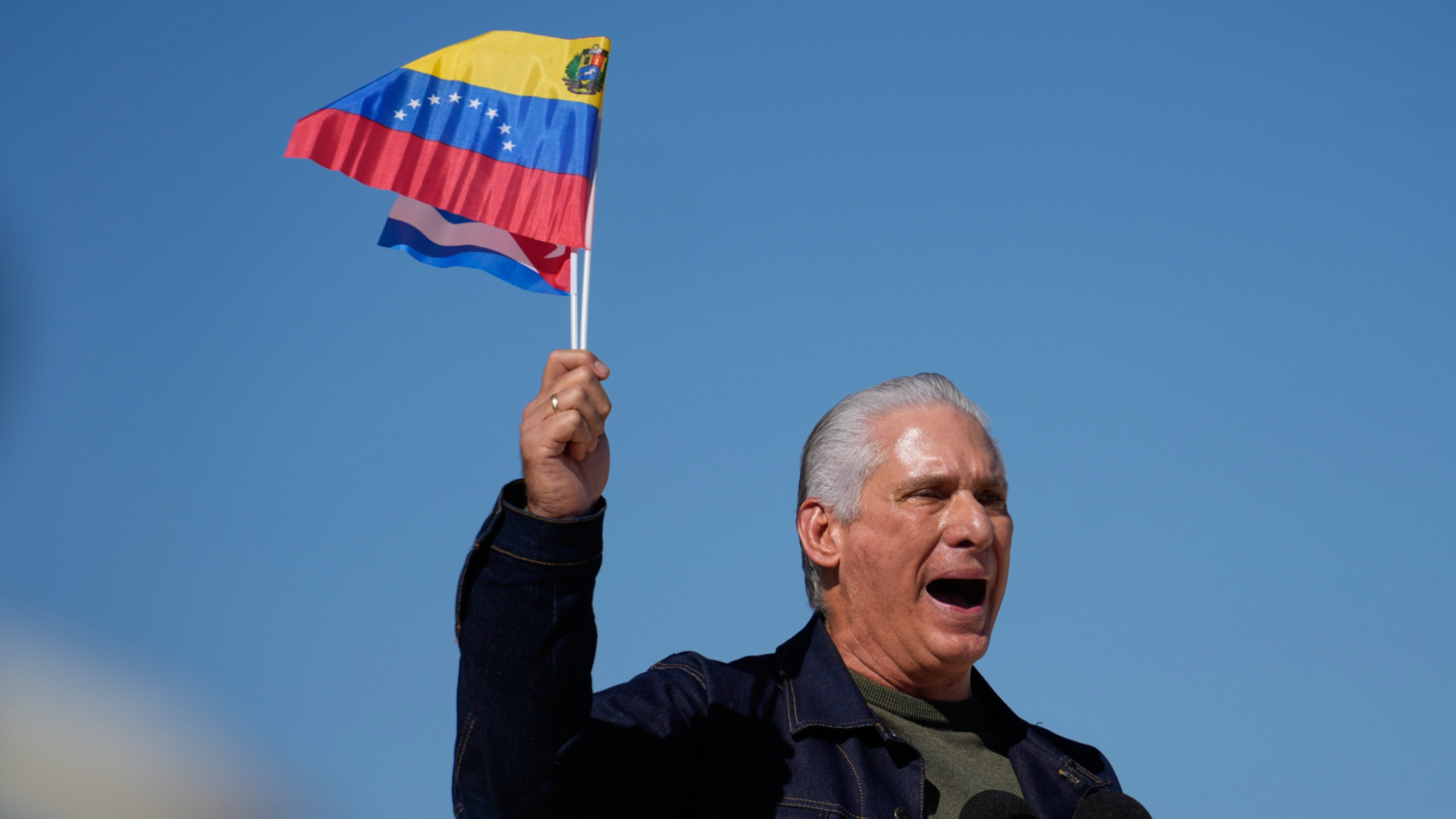 Cuban President Miguel Diaz-Canel attends a rally in Havana, Cuba, Jan 3, 2026, in solidarity with Venezuela after the US captured President Nicolas Maduro and flew him out of Venezuela.