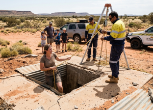 Woman trapped in poo for three hours after outback toilet collapses.