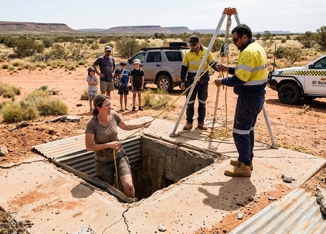 Woman trapped in poo for three hours after outback toilet collapses.