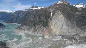 Aerial view of the August 2025 landslide and tsunami near South Sawyer Glacier in Alaska.