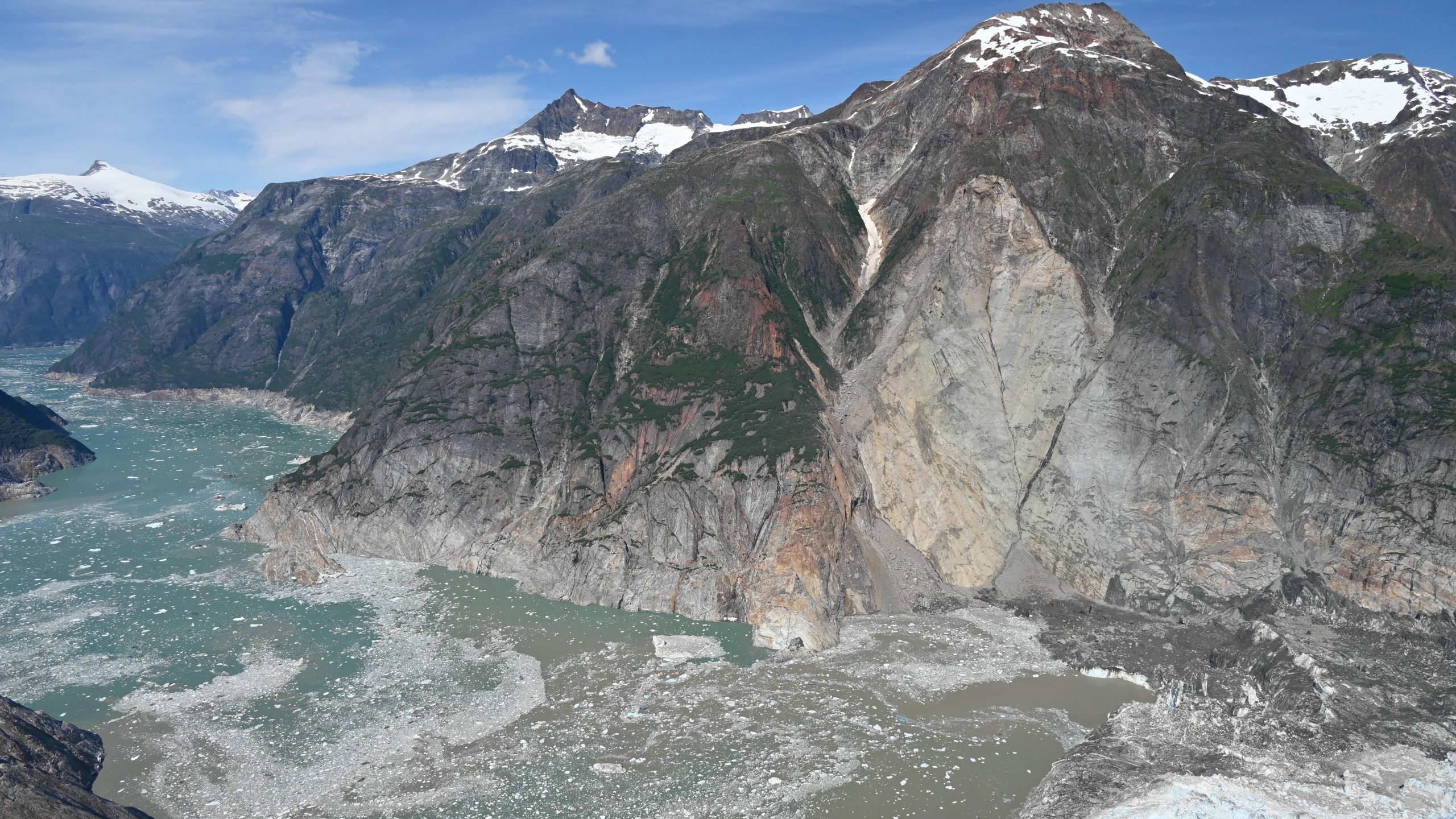 Aerial view of the August 2025 landslide and tsunami near South Sawyer Glacier in Alaska.