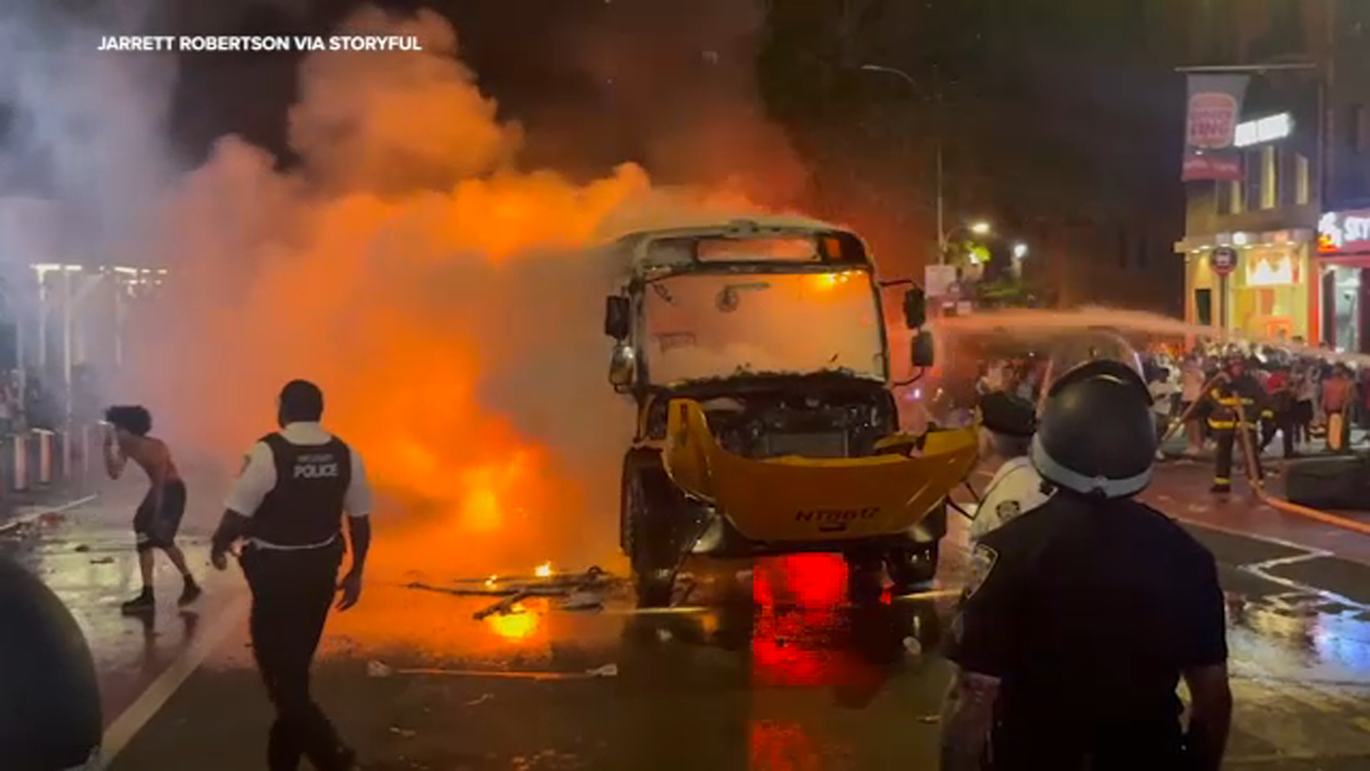 Teen shot and buses torched in Manhattan after historic NBA win for Knicks.