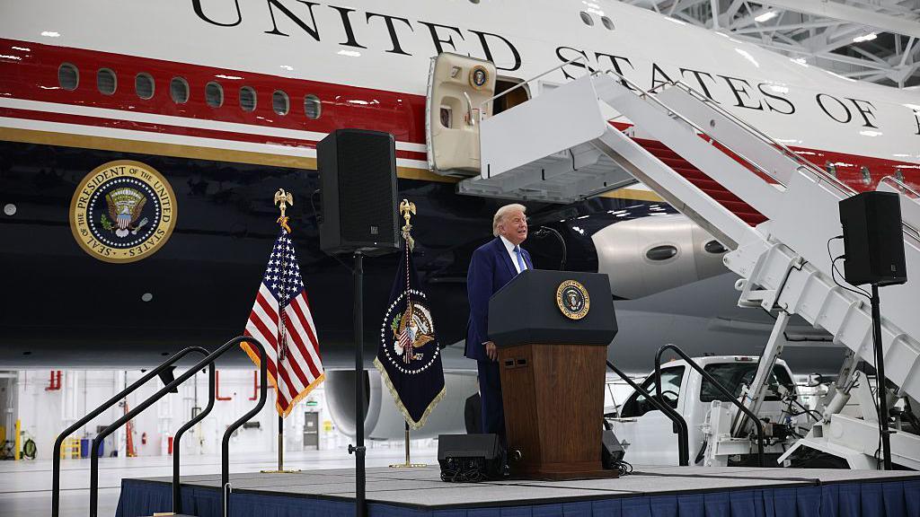 Trump unveils Qatari luxury jet for Air Force One fleet.