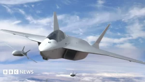 Airbus Defence and Space 2022 A visualisation of the Future Combat Air System (FCAS) plane in the sky.