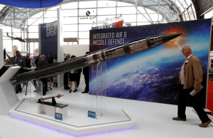 A man looks at a Patriot Advanced Capability (PAC-3) Missile Segment Enhancement (MSE) model by Lockheed Martin at an international military fair in Kielce, Poland September 7, 2017.