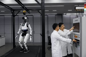 A humanoid robot at a robotics laboratory during a government-organized media trip in Guangzhou, Guangdong province, China, April 16, 2026.