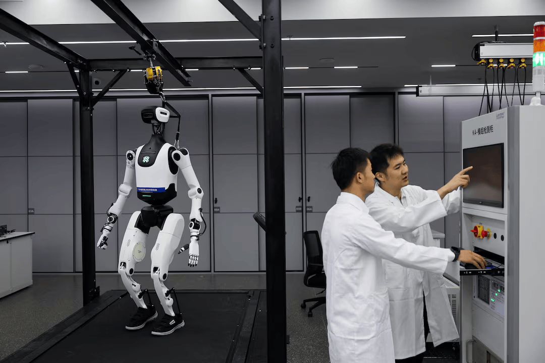 A humanoid robot at a robotics laboratory during a government-organized media trip in Guangzhou, Guangdong province, China, April 16, 2026.