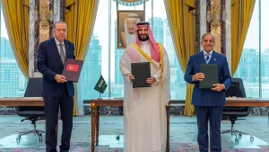 Reuters Turkey's Recep Tayyip Erdogan, Saudi Crown Prince Mohammed bin Salman and Pakistan's Shehbaz Sharif signed the pact in Mecca.