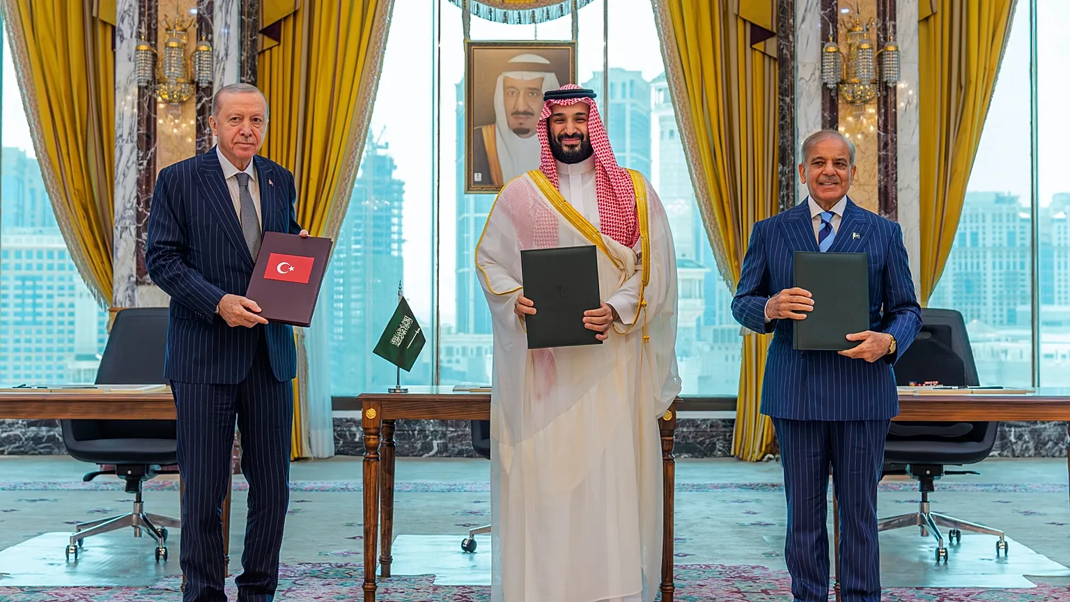 Reuters Turkey's Recep Tayyip Erdogan, Saudi Crown Prince Mohammed bin Salman and Pakistan's Shehbaz Sharif signed the pact in Mecca.