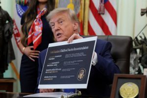 U.S. President Donald Trump speaks during an event to sign an executive order regarding vaccine flexibility, in the Oval Office at the White House in Washington, D.C., U.S., August 10, 2026.
