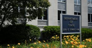 A general view of a U.S. State Department sign outside the U.S. State Department building in Washington, D.C., U.S., July 11, 2025.