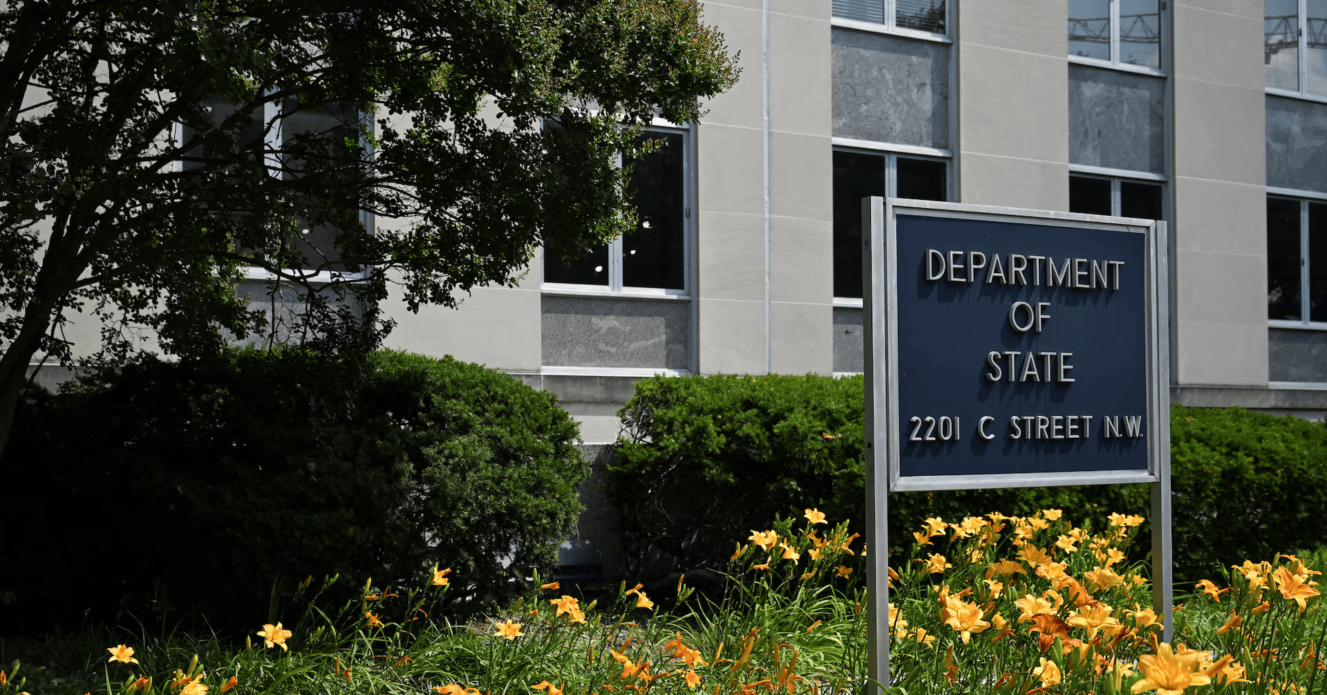 A general view of a U.S. State Department sign outside the U.S. State Department building in Washington, D.C., U.S., July 11, 2025.
