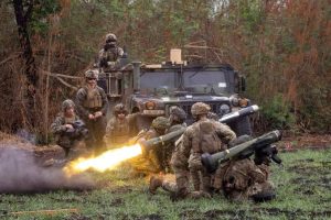A Filipino soldier fires a Javelin anti-tank weapon system during a live exercise as part of the annual US-Philippines joint military exercises called "Balikatan" at Fort Magsaysay, Nueva Ecija province, Philippines, April 13, 2023.
