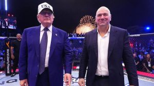 US President Donald Trump (pictured with UFC president Dana White) met with fighters inside the Oval Office at the White House before the event.