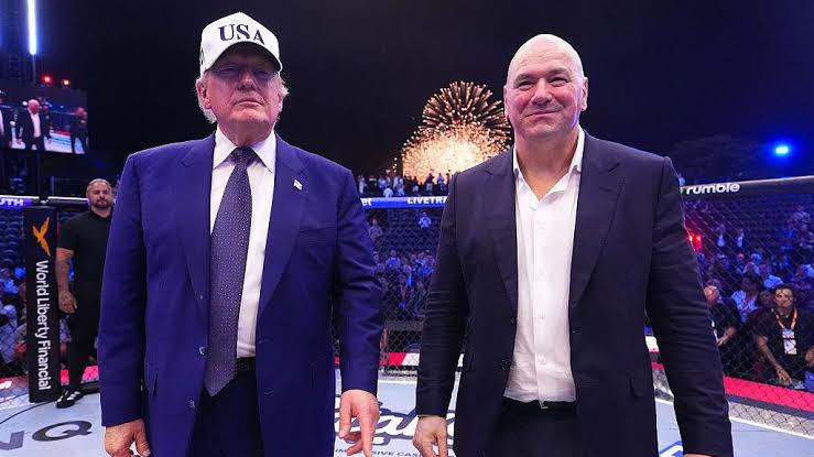 US President Donald Trump (pictured with UFC president Dana White) met with fighters inside the Oval Office at the White House before the event.
