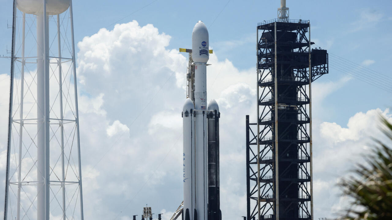 A SpaceX Falcon Heavy rocket is prepared for launch with NASA's Nancy Grace Roman Space Telescope aboard at the Kennedy Space Center in Cape Canaveral, Florida, on August 29, 2026.