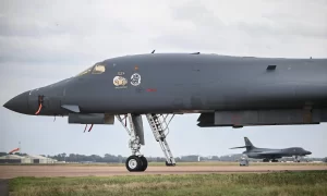 A US Air Force B-1 Lancer bomber is pictured on the tarmac at RAF Fairford base in Fairford, south-west England on Sept 27, 2026, as UK counter-terrorism police investigate an incident near the base in the village of Whelford.