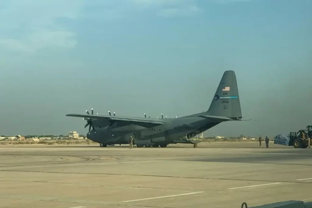 A US military transport aircraft stands at Camp Victory near Baghdad International Airport in Baghdad, Iraq, September 29, 2026. US forces are set to withdraw from their last bases in Iraq by September 30, ending more than two decades of military presence in the country.