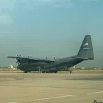 A US military transport aircraft stands at Camp Victory near Baghdad International Airport in Baghdad, Iraq, September 29, 2026. US forces are set to withdraw from their last bases in Iraq by September 30, ending more than two decades of military presence in the country.