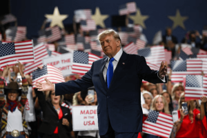 .S. President Donald Trump gestures on stage at the Republican National Midterm Convention in Dallas, Texas, U.S., September 9, 2026.