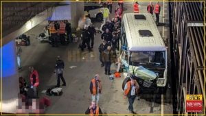 Bus hits train stopped on French side of Channel Tunnel, with 19 injured.